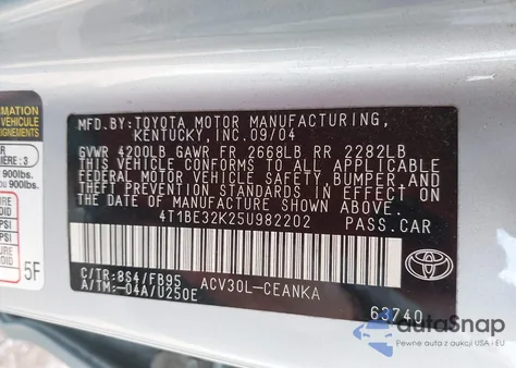 2005 Toyota Camry Le from USA, damaged, VIN 4T1BE32K25U982202